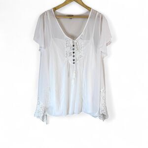 One World Blouse Peasant Lace Up Crochet White Plus Size 3X